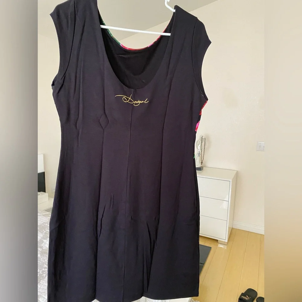 Desigual Black Mini Dress with Bold Red and Green Floral Design - Picture 2 of 3
